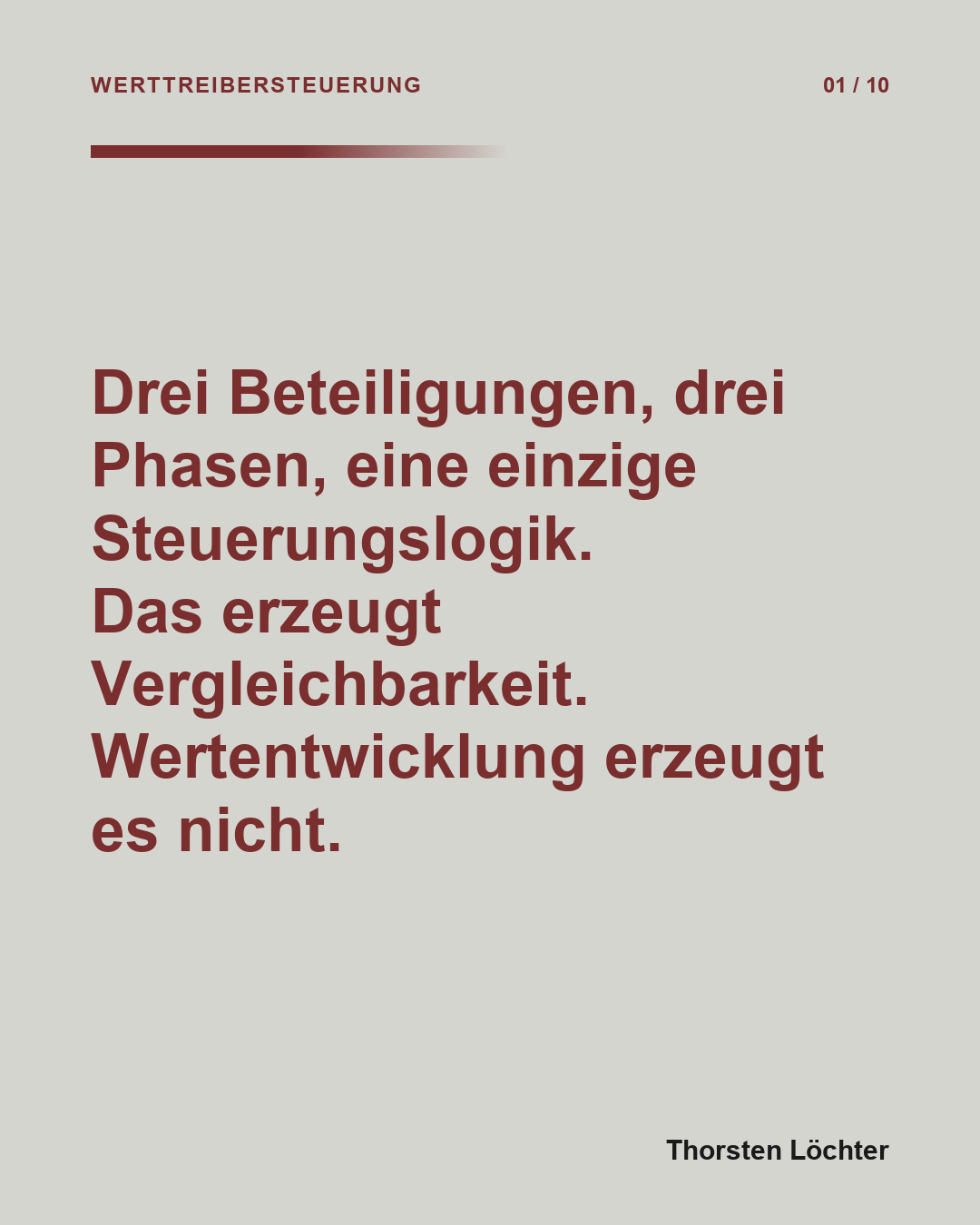 Folie 1 von 10: Drei Beteiligungen, drei Phasen, eine einzige Steuerungslogik. Das erzeugt Vergleichbarkeit. Wertentwicklung erzeugt es nicht.
